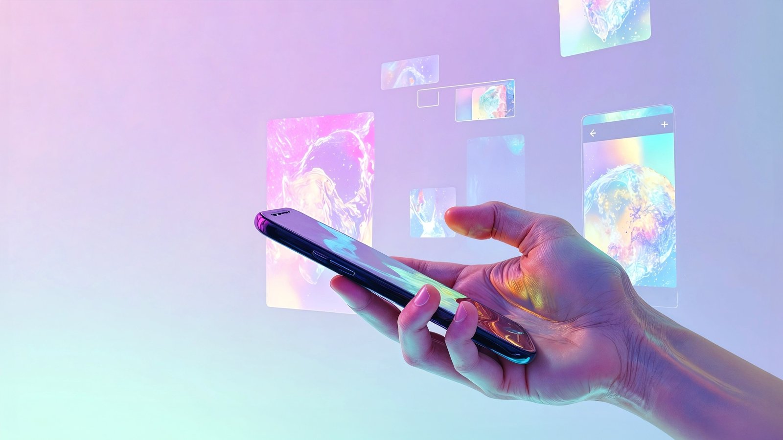 Hand holding a cell phone with technology aesthetic screens